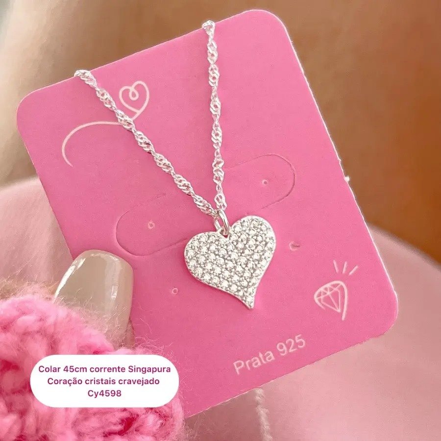 Colar coração corrente Singapura diamantada 45cm